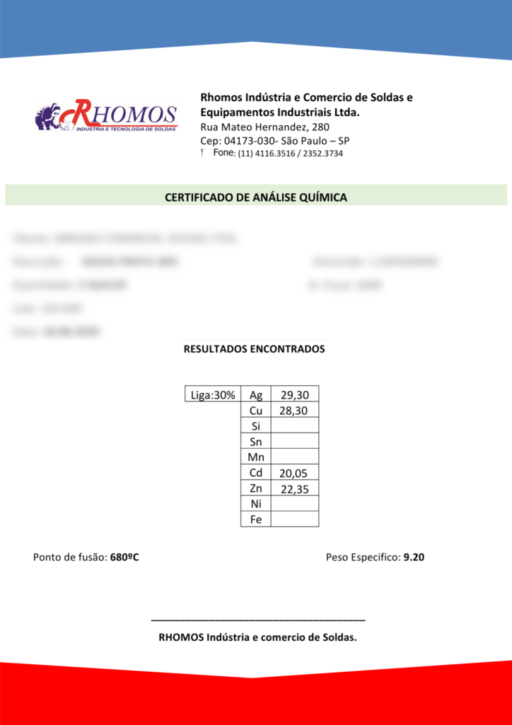 certificado de analise quimica rhomos